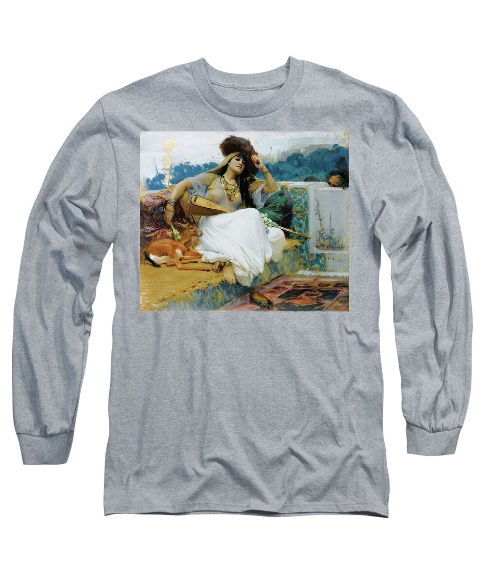 Frederick-arthur Bridgman ; Young Woman On A Terrace Long Sleeve T-Shirt featuring the painting Young Woman On A Terrace by Frederick
