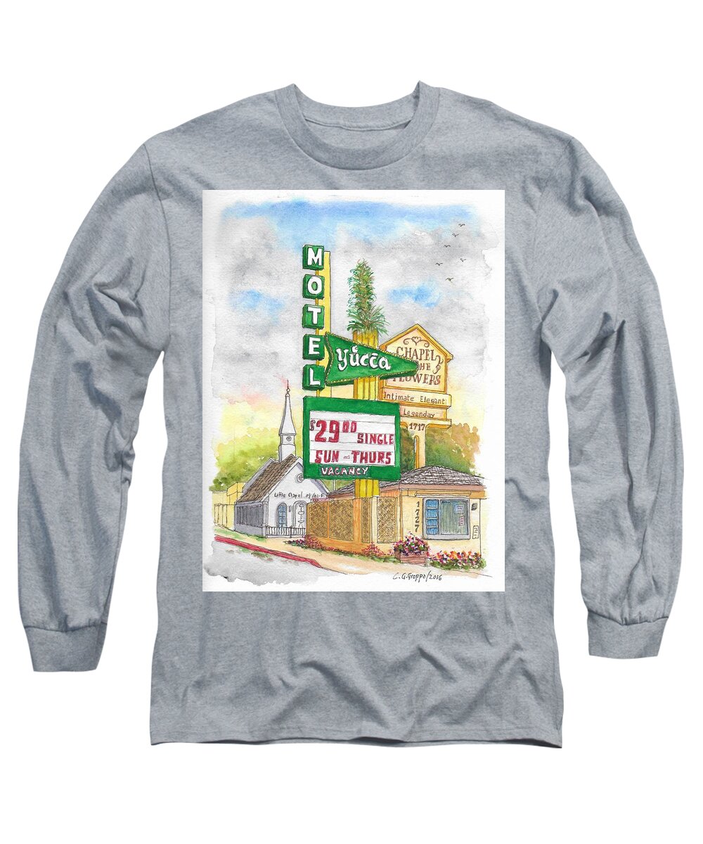 Yucca Motel Long Sleeve T-Shirt featuring the painting Yucca Motel and Little Chapel of the Flowers, Las Vegas, Nevada by Carlos G Groppa