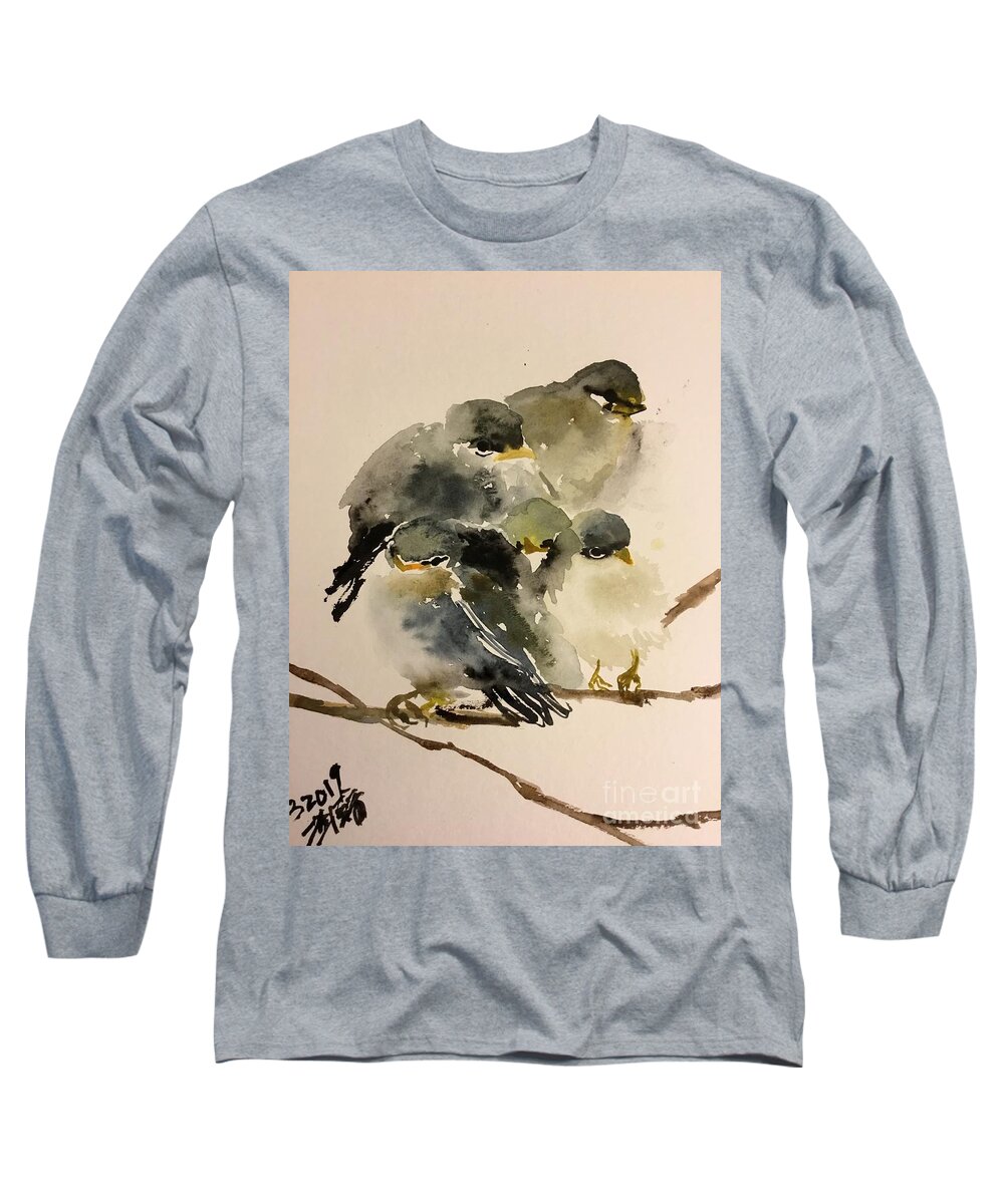 A Group Of Resting Birds Cuddling Together Long Sleeve T-Shirt featuring the painting 1062019 by Han in Huang wong