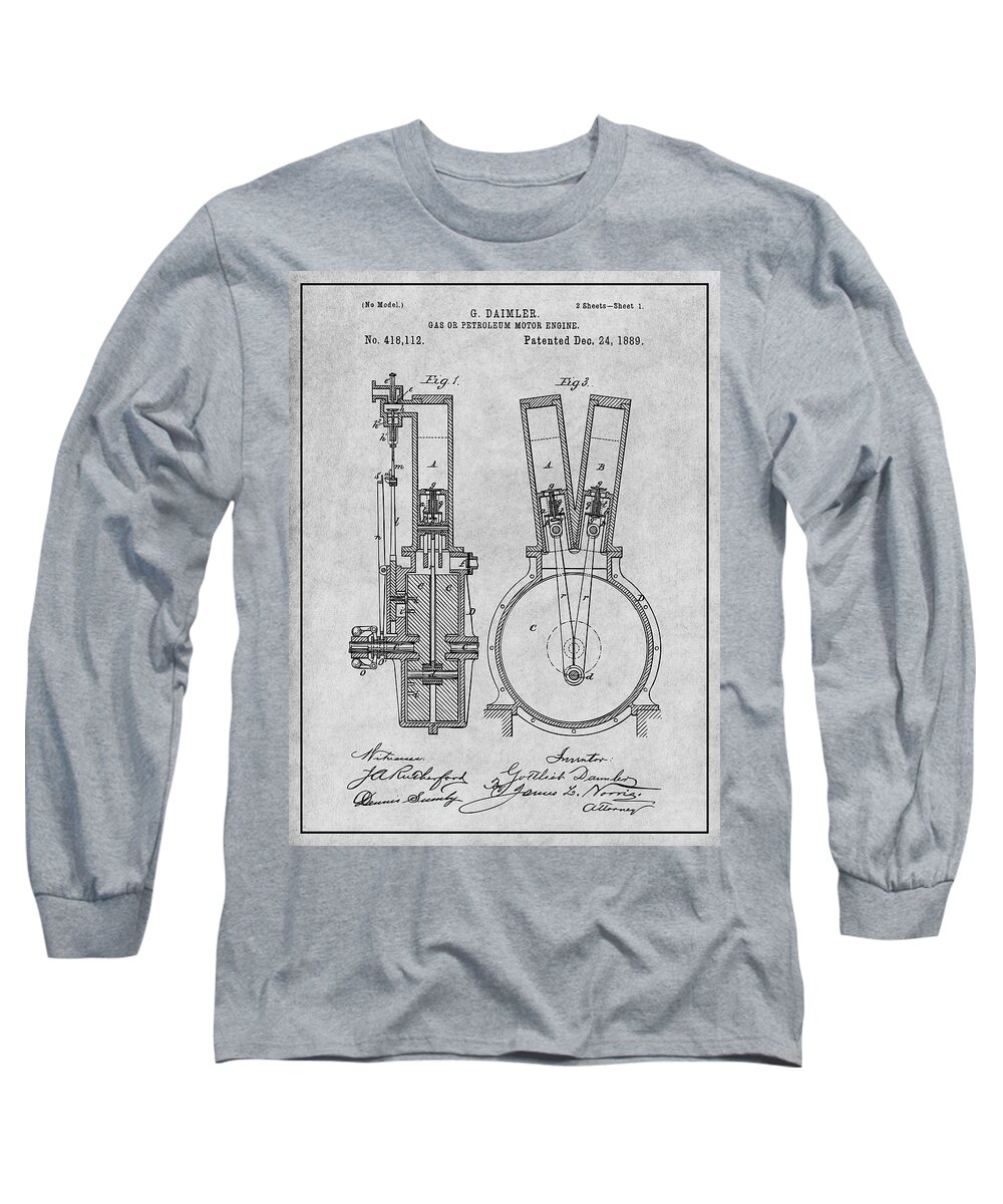 1889 Daimler V Twin Motorcycle Engine Patent Print Long Sleeve T-Shirt featuring the drawing 1889 Daimler V Twin Motorcycle Engine Patent Print Gray by Greg Edwards
