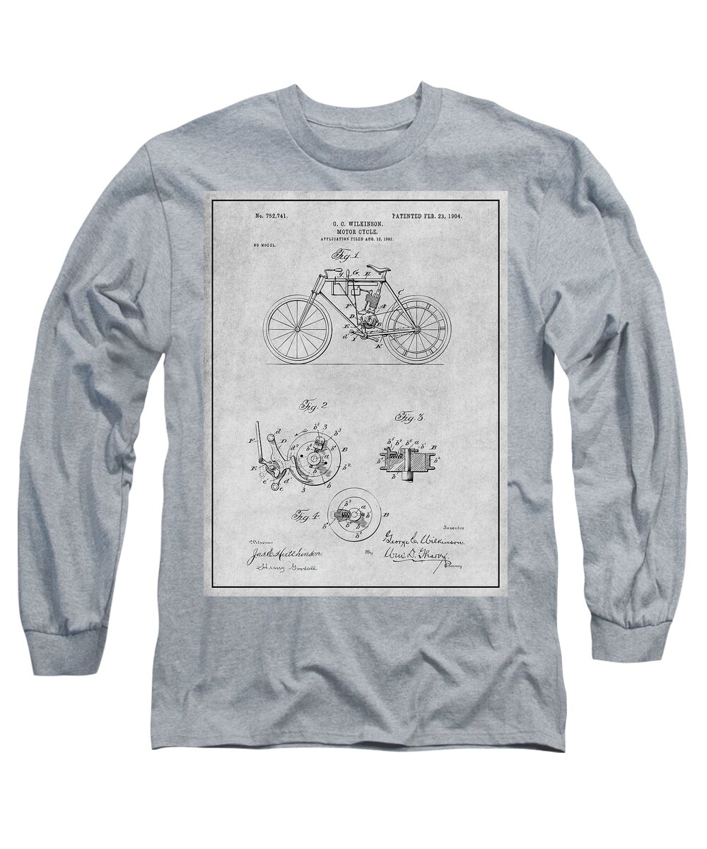 1904 Wilkinson Antique Motorcycle Patent Print Long Sleeve T-Shirt featuring the drawing 1904 Wilkinson Antique Motorcycle Patent Print Gray by Greg Edwards