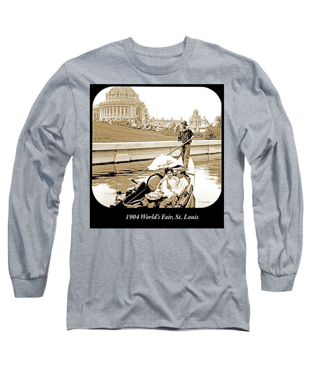 Sightseeing Boat Long Sleeve T-Shirt featuring the photograph 1904 Worlds Fair, Sighteeing Boat, Oarsman and Couple by A Macarthur Gurmankin