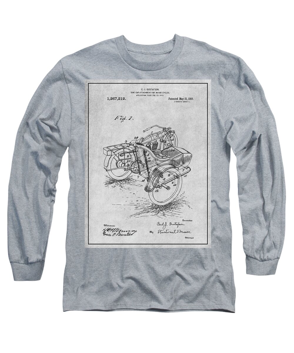 1913 Side Car Attachment For Motorcycle Patent Print Long Sleeve T-Shirt featuring the drawing 1913 Side Car Attachment for Motorcycle Gray Patent Print by Greg Edwards