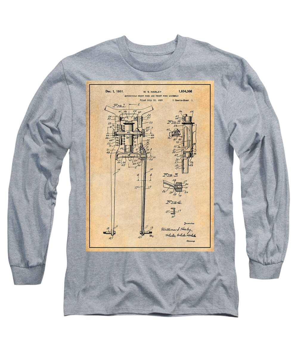 1929 Harley Davidson Front Fork Patent Print Long Sleeve T-Shirt featuring the drawing 1929 Harley Davidson Front Fork Antique Paper Patent Print by Greg Edwards