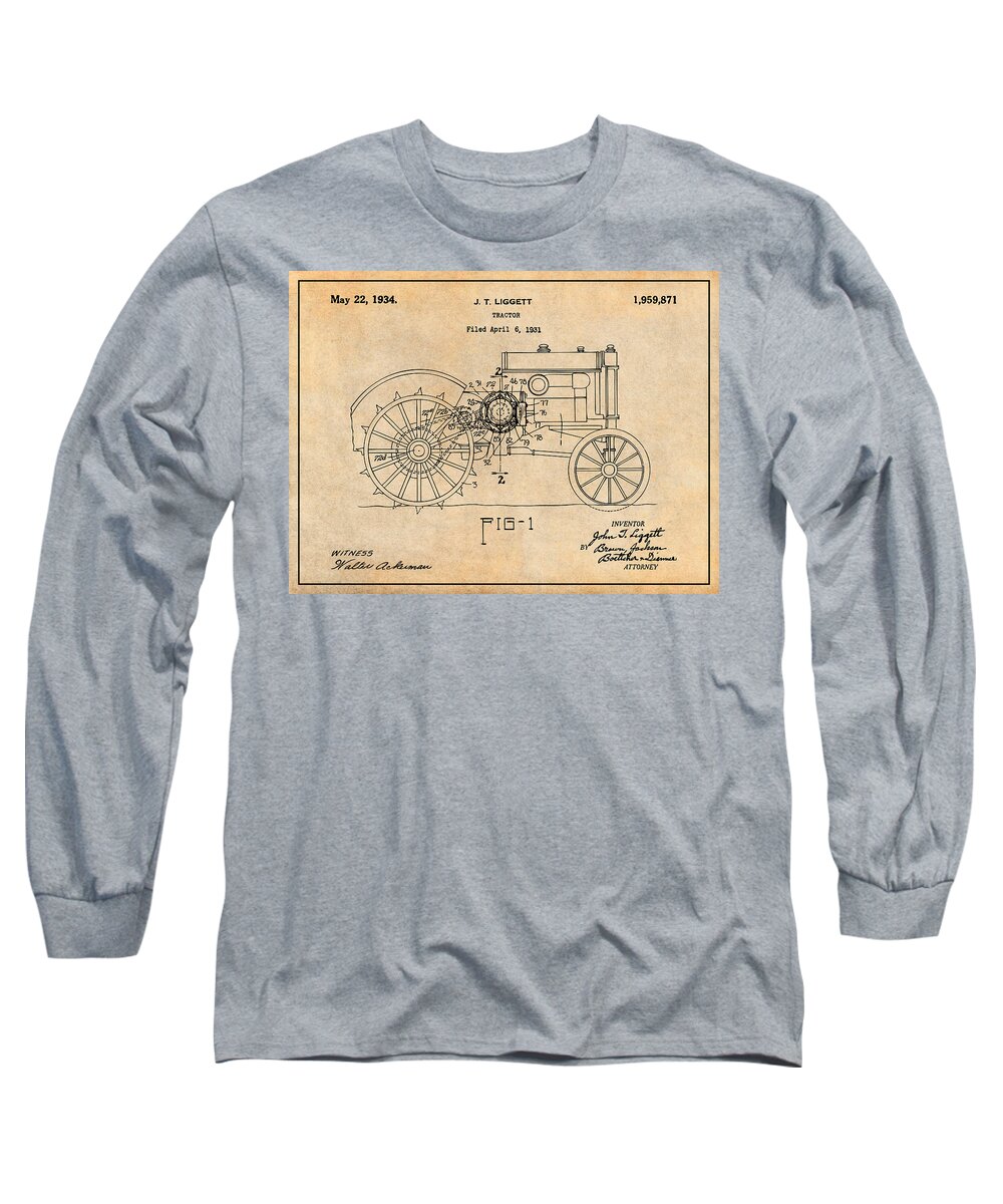 1931 John Deere Tractor Patent Print Long Sleeve T-Shirt featuring the drawing 1931 John Deere Tractor Antique Paper Patent Print by Greg Edwards