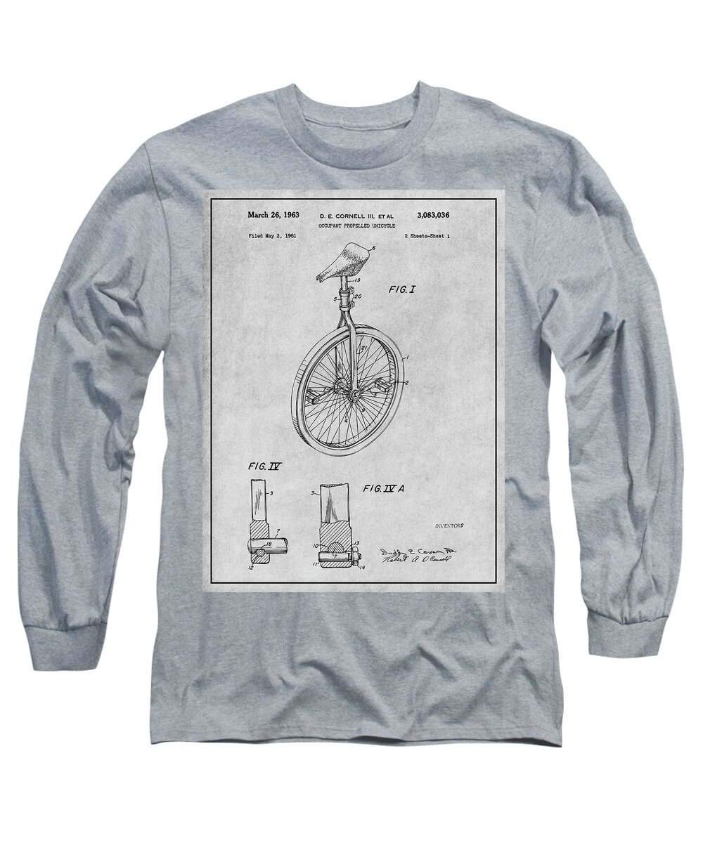 1961 Unicycle Patent Print Long Sleeve T-Shirt featuring the drawing 1961 Unicycle Gray Patent Print by Greg Edwards