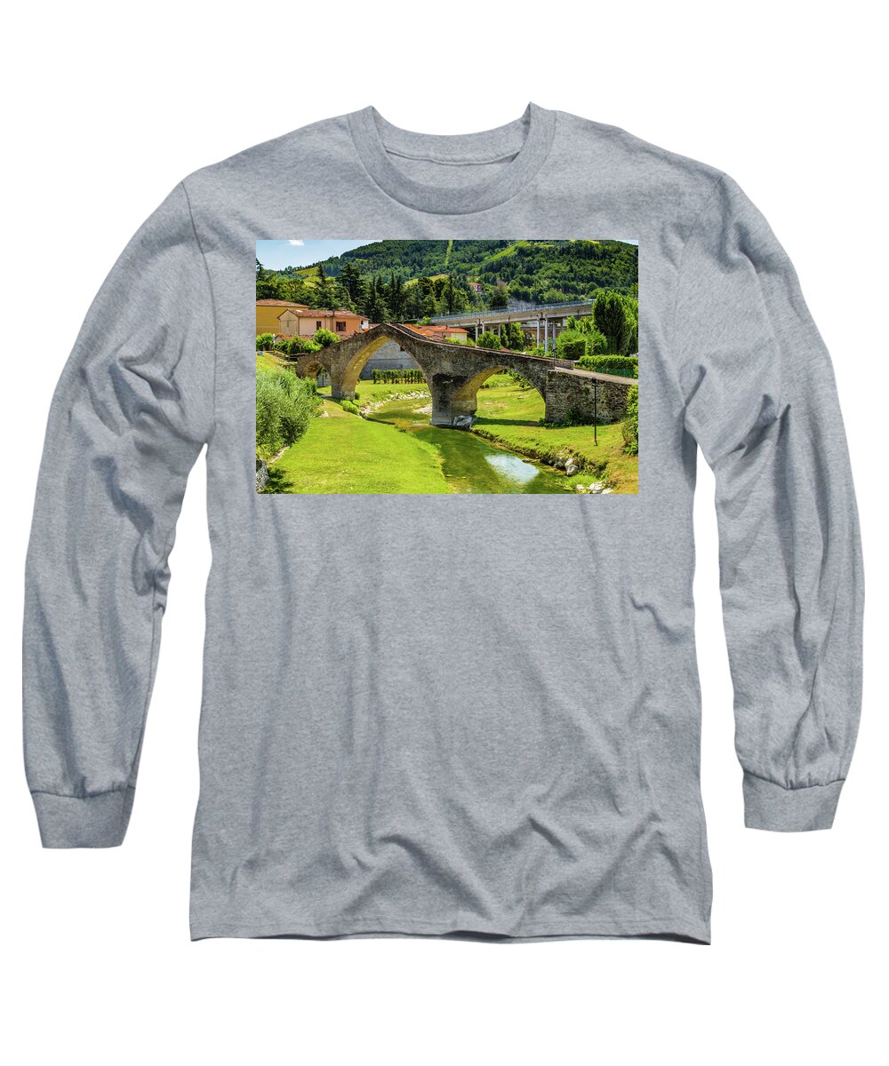 Emilia Long Sleeve T-Shirt featuring the photograph three archs medieval bridge in Italy #2 by Vivida Photo PC
