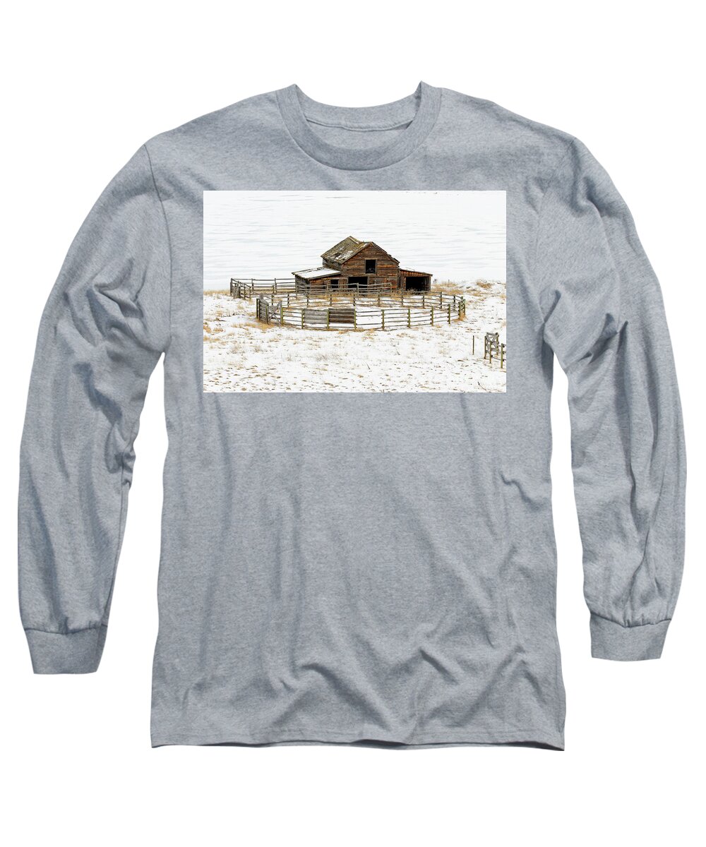 Old Barn Long Sleeve T-Shirt featuring the photograph 41,674.04209 FZ weathered old barn, corral fence winter snow SC #4167404209 by Robert C Paulson Jr