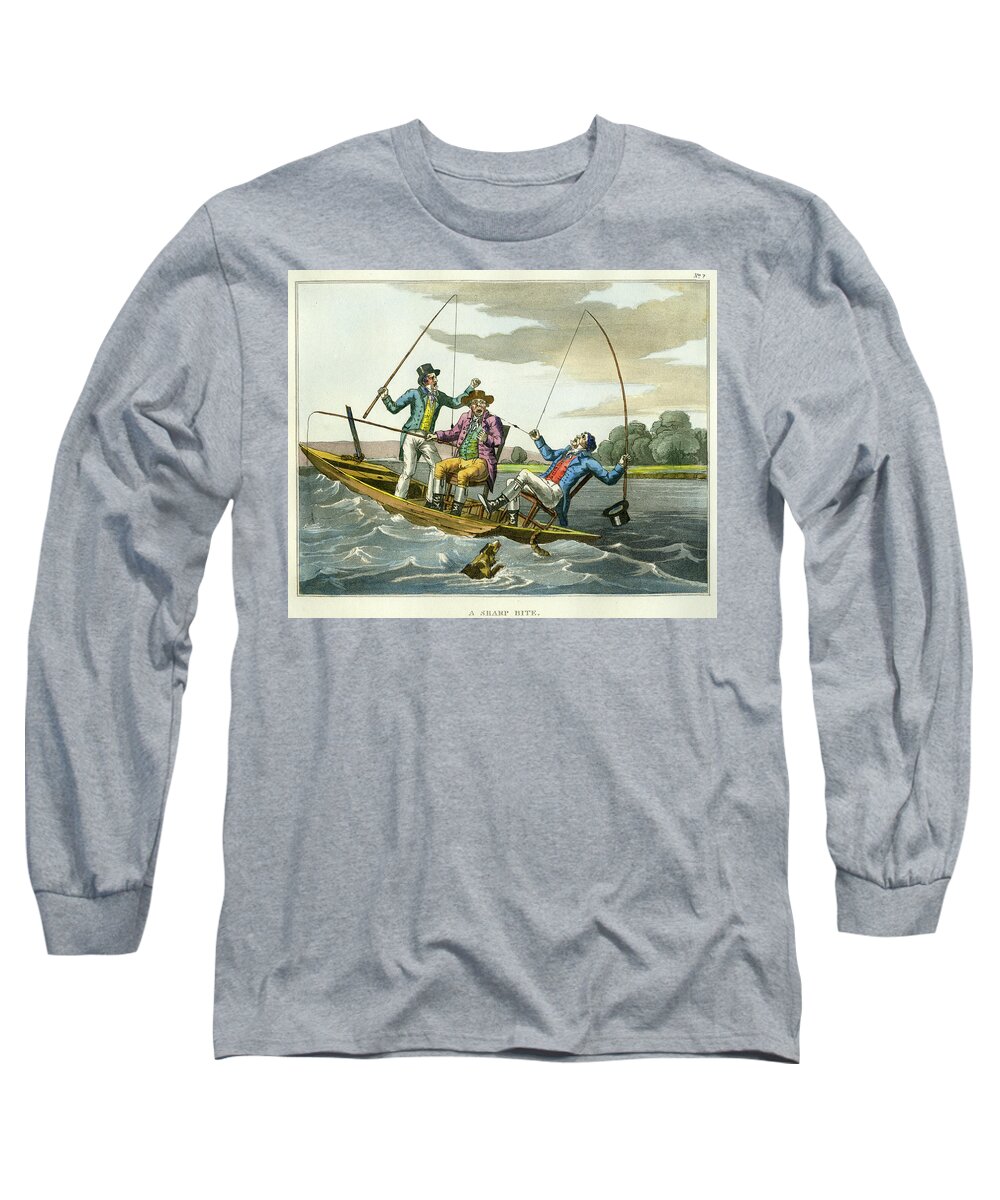 Fishing Long Sleeve T-Shirt featuring the mixed media A Sharp Bite by unsigned attributed to Edward Barnard