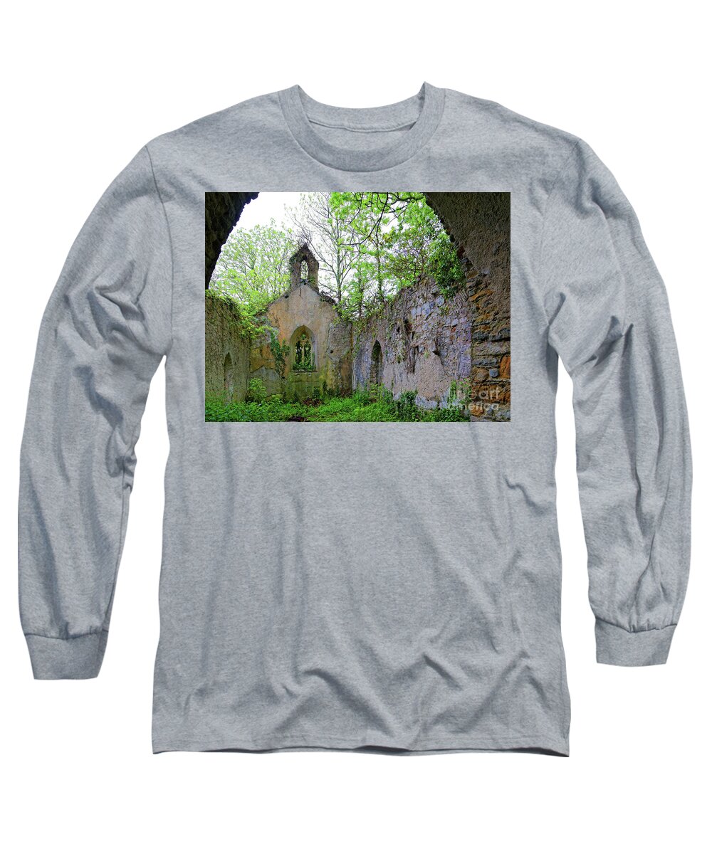 Close Up Long Sleeve T-Shirt featuring the photograph ancient falling down 1400's stone church Wales Great Britain by Robert C Paulson Jr