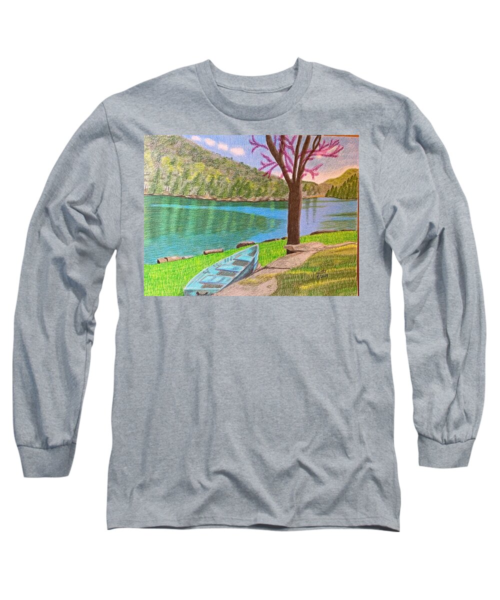 Boat Long Sleeve T-Shirt featuring the drawing Abandoned boat by Colette Lee