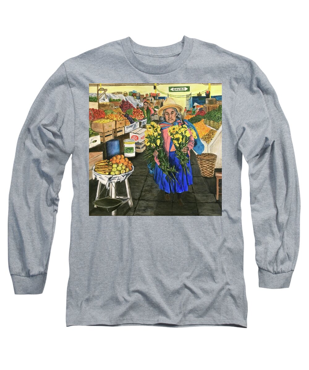 Abuela Long Sleeve T-Shirt featuring the painting Abuela at the Marketplace by Bonnie Peacher