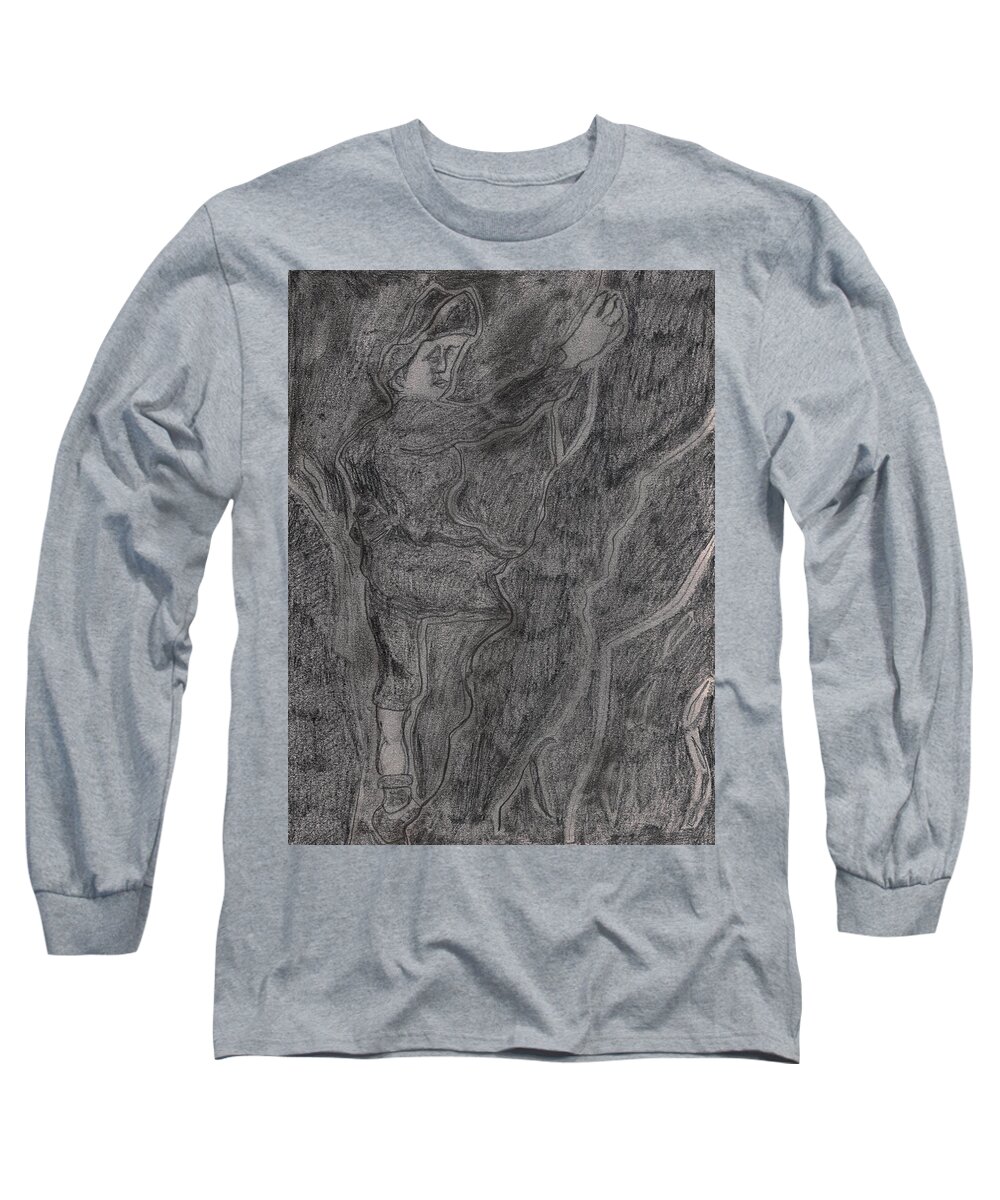 Drawing Long Sleeve T-Shirt featuring the drawing After Billy Childish Pencil Drawing 11 by Edgeworth Johnstone