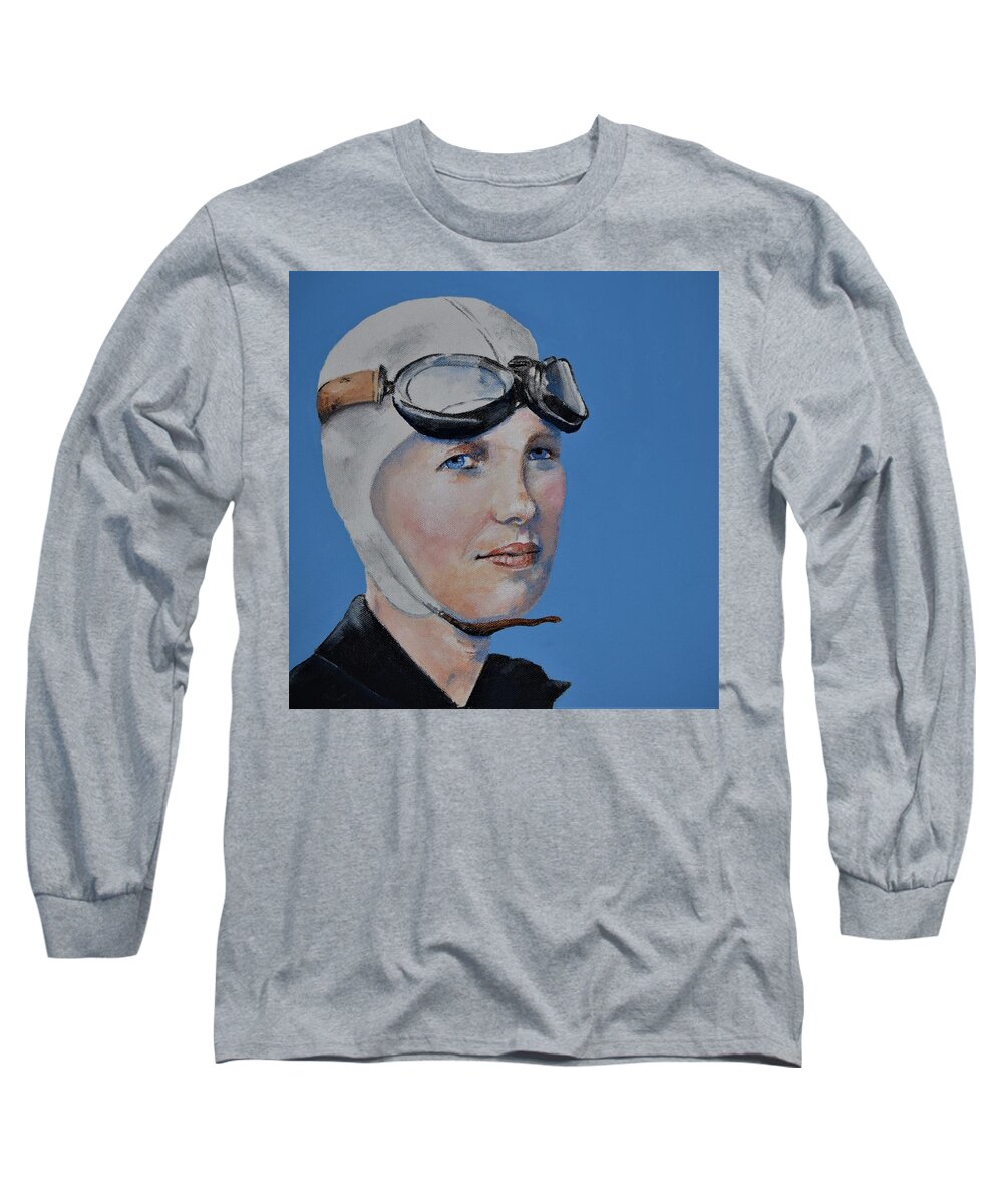 Amelia Earhart Long Sleeve T-Shirt featuring the painting Amelia Earhart by Celene Terry