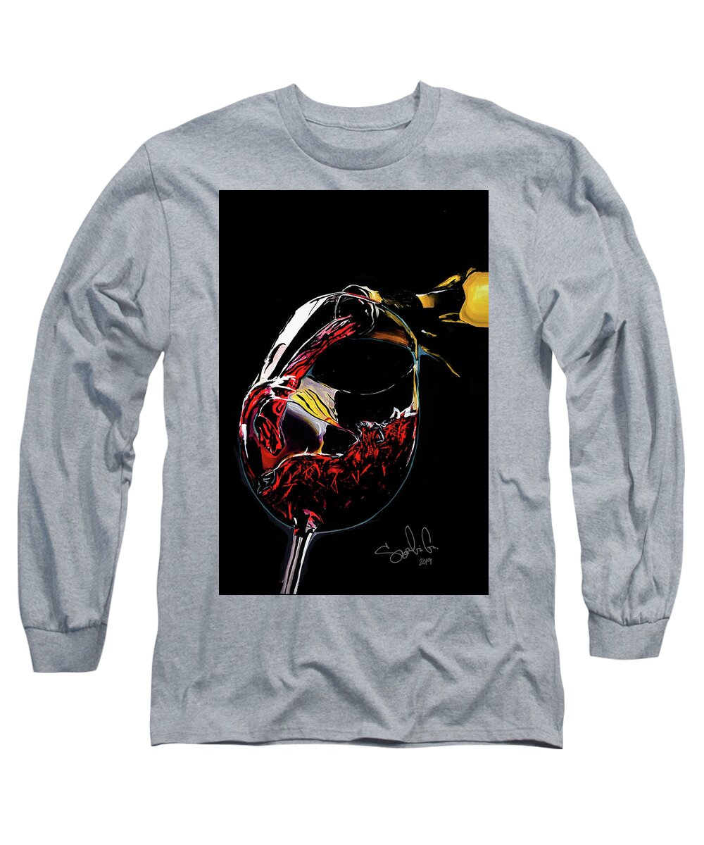 Wine Bottle Drink Relax Nighttime Night Red Wine Bar Bartender Drink Pour Colorful Colors Contrast Long Sleeve T-Shirt featuring the painting Another Pour by Sergio Gutierrez