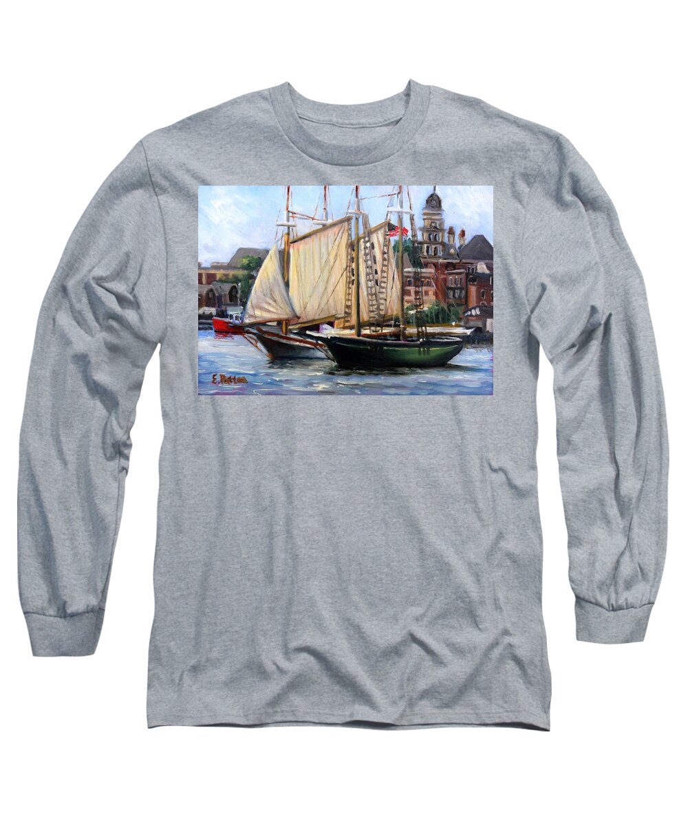Gloucester Long Sleeve T-Shirt featuring the painting Ardelle and Lannon, Gloucester Harbor by Eileen Patten Oliver
