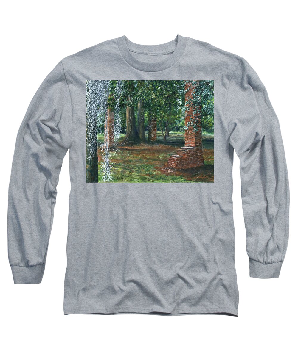 Ardoyne Plantation Long Sleeve T-Shirt featuring the painting Ardoyne Ruins near the Mansion, Houma, Louisiana by Lenora De Lude