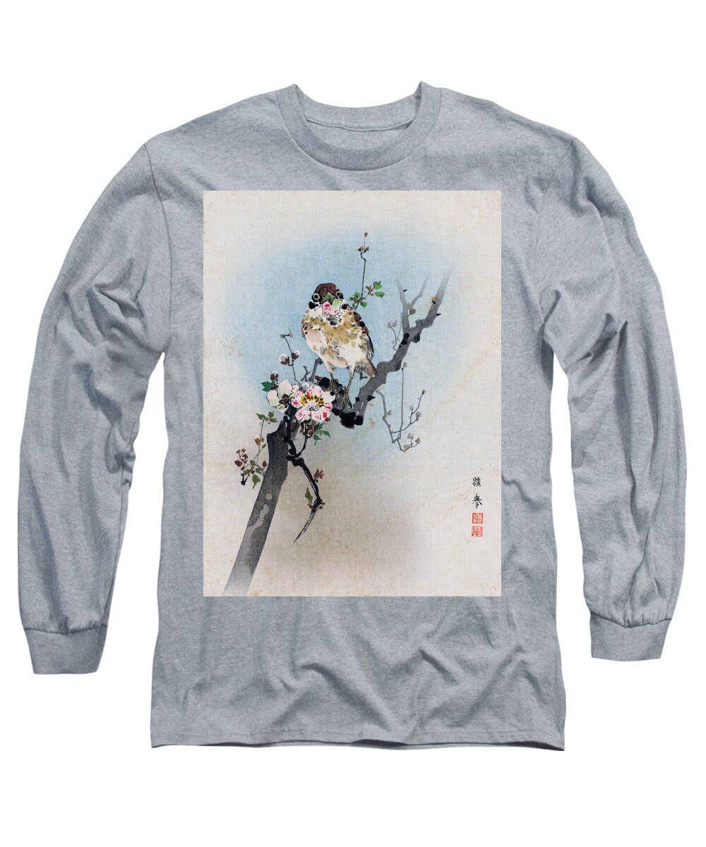Rioko Long Sleeve T-Shirt featuring the painting Bird and Petal by Rioko