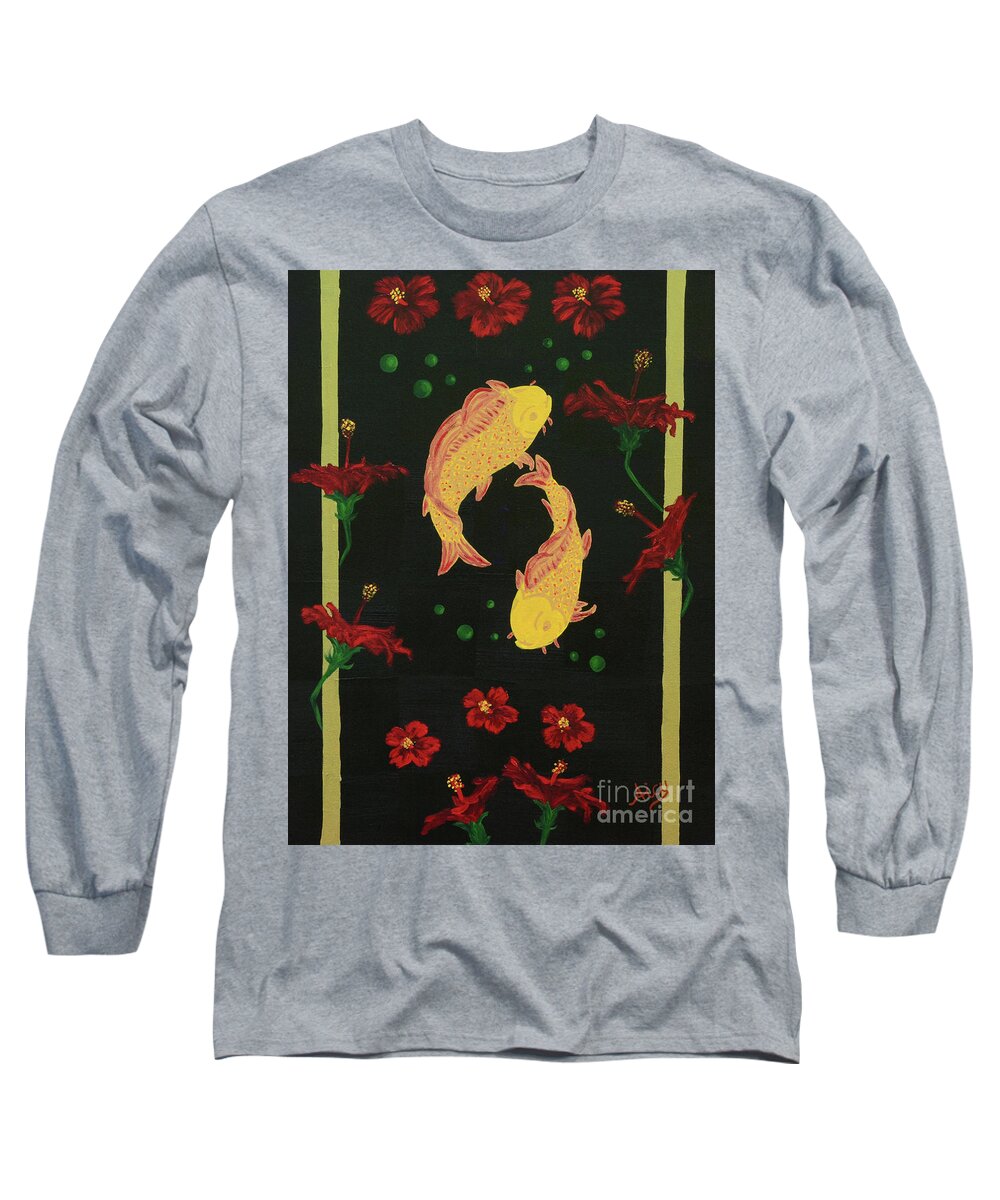 Carp Long Sleeve T-Shirt featuring the painting Carp and Hibiscus by Aicy Karbstein