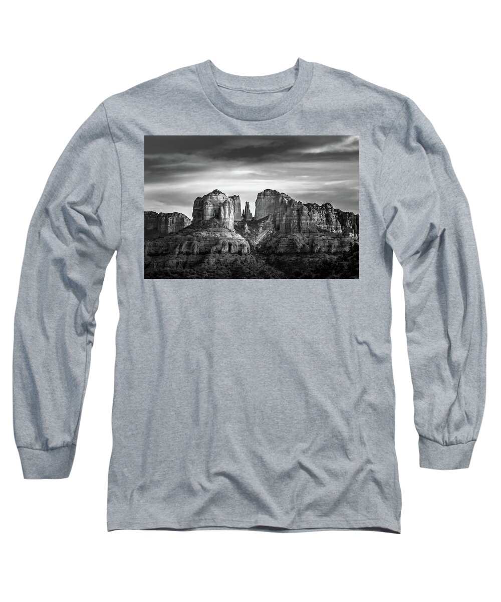 Cathedral Rock Long Sleeve T-Shirt featuring the photograph Cathedral Rock in Black and White by Mindy Musick King