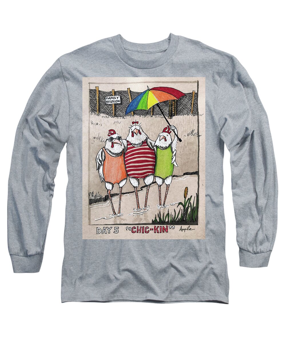 Pen & Ink Long Sleeve T-Shirt featuring the drawing Chic-kin - the reunion by Linda Apple