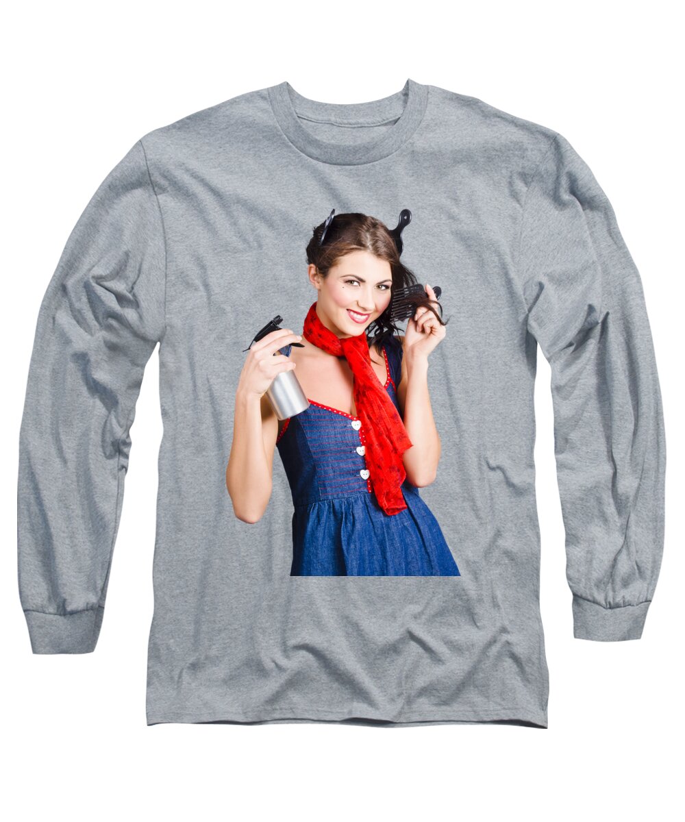 Hair Long Sleeve T-Shirt featuring the photograph Cute girl model styling a hairdo. Pinup your hair by Jorgo Photography