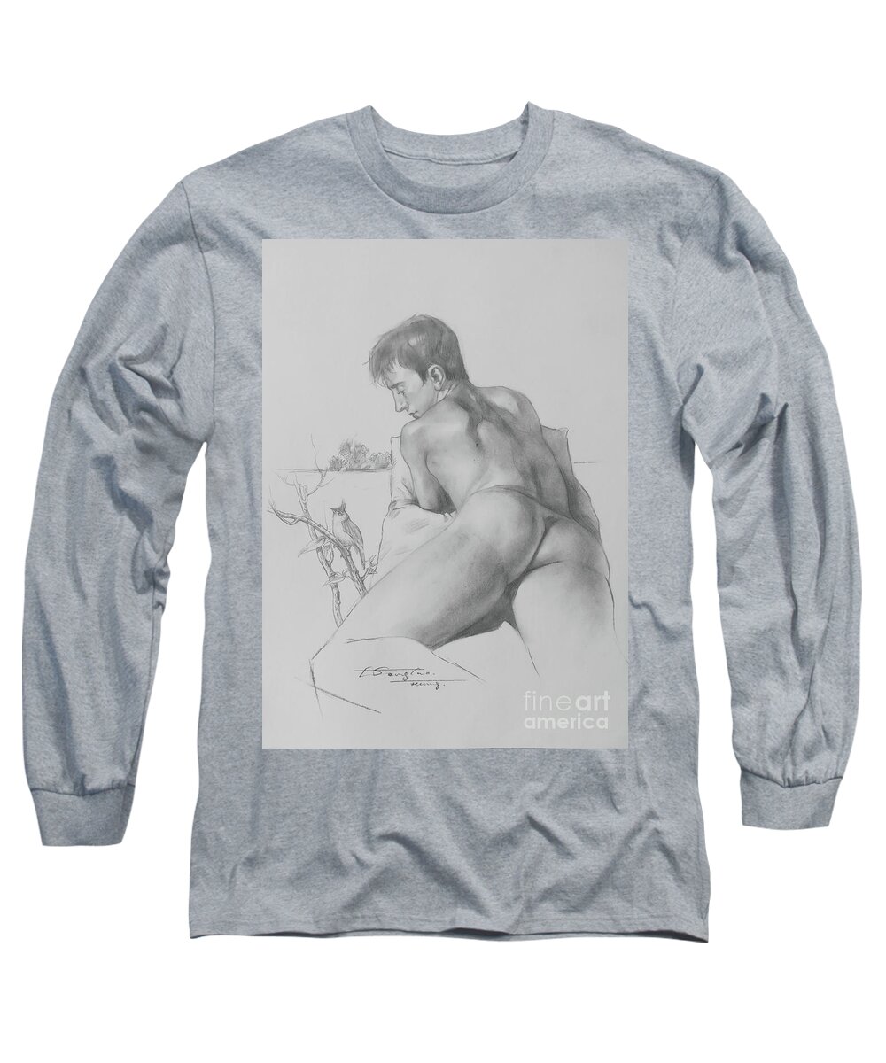 Male Nude Long Sleeve T-Shirt featuring the drawing Drawing-The bird is singing by Hongtao Huang