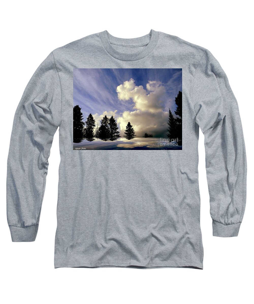 Blue Sky Clouds Reflections Trees Tumultuous Long Sleeve T-Shirt featuring the photograph Evening Reflections by Elfriede Fulda