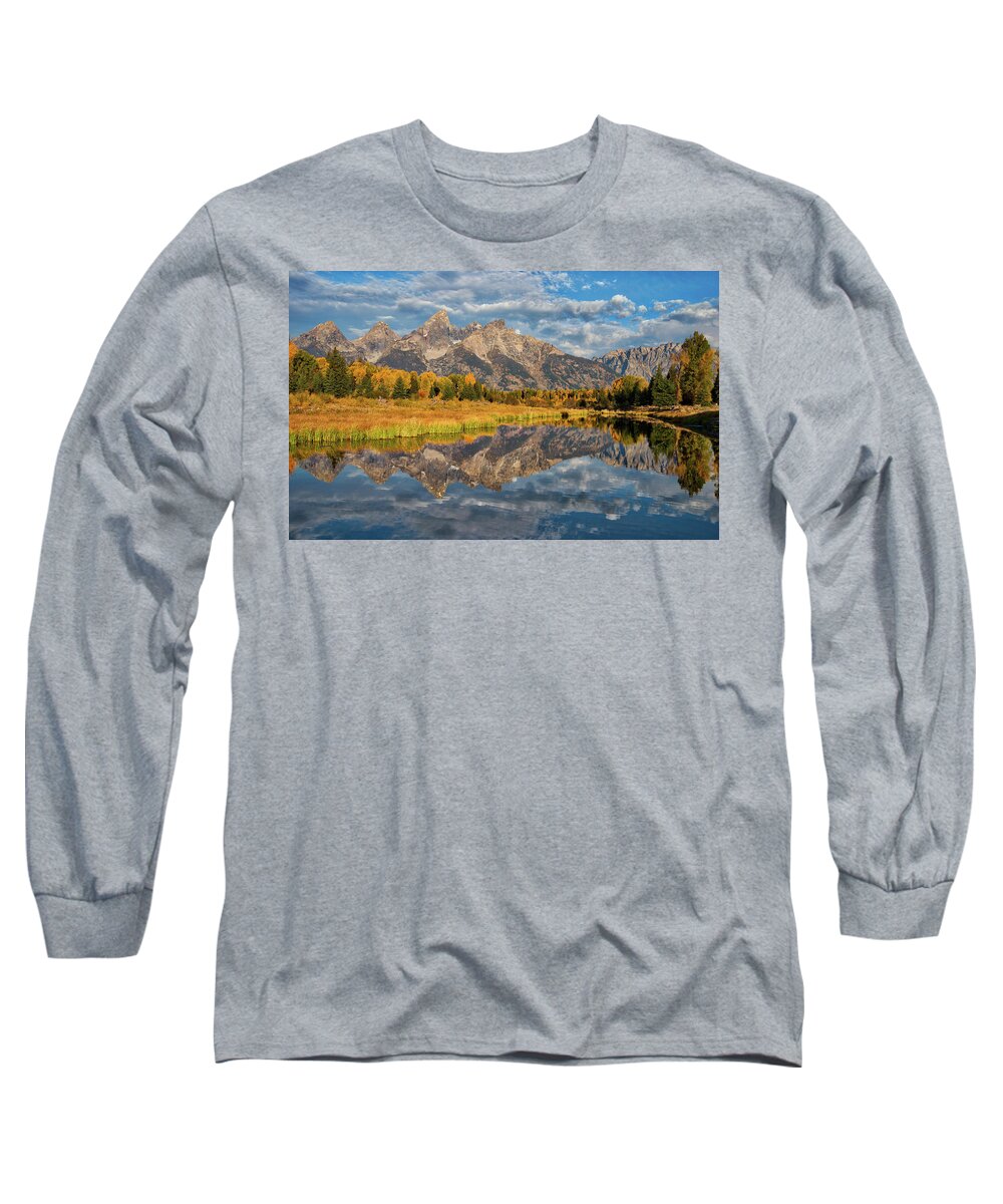 Tetons Long Sleeve T-Shirt featuring the photograph Fall Reflections in the Tetons by Darren White