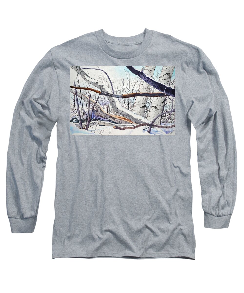 Birch Trees Long Sleeve T-Shirt featuring the painting Fallen Birch trees after the snowstorm in watercolor by Christopher Shellhammer