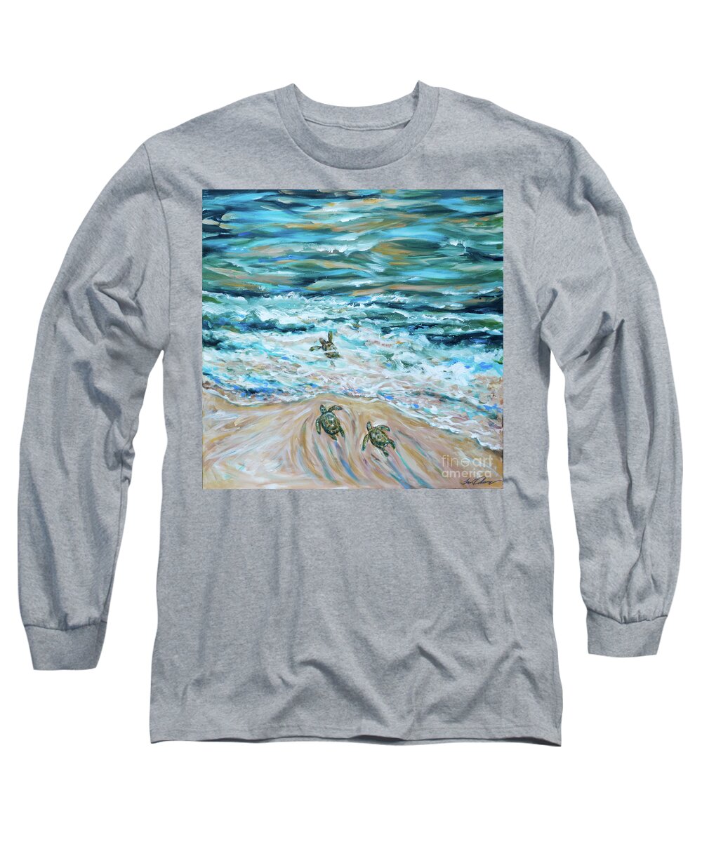 Sea Turtles Long Sleeve T-Shirt featuring the photograph First Plunge Baby Sea Turtles by Linda Olsen