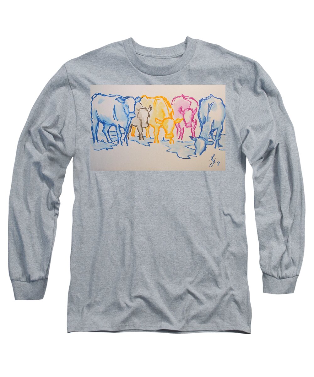 Cows Long Sleeve T-Shirt featuring the drawing Five cows five colors watercolor line drawing by Mike Jory
