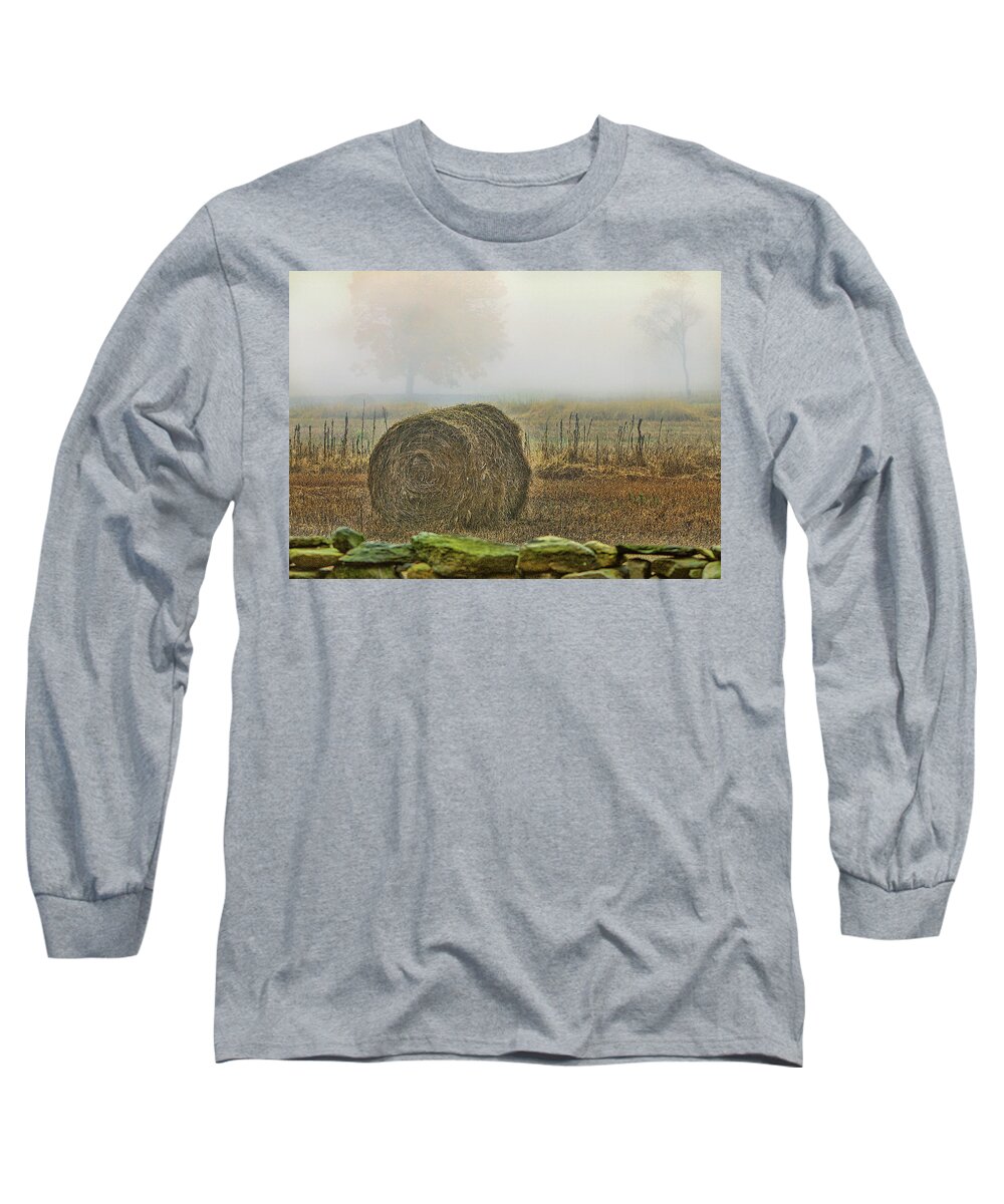 Bale Of Hay Long Sleeve T-Shirt featuring the photograph Foggy autumn morning near the beach by Cordia Murphy