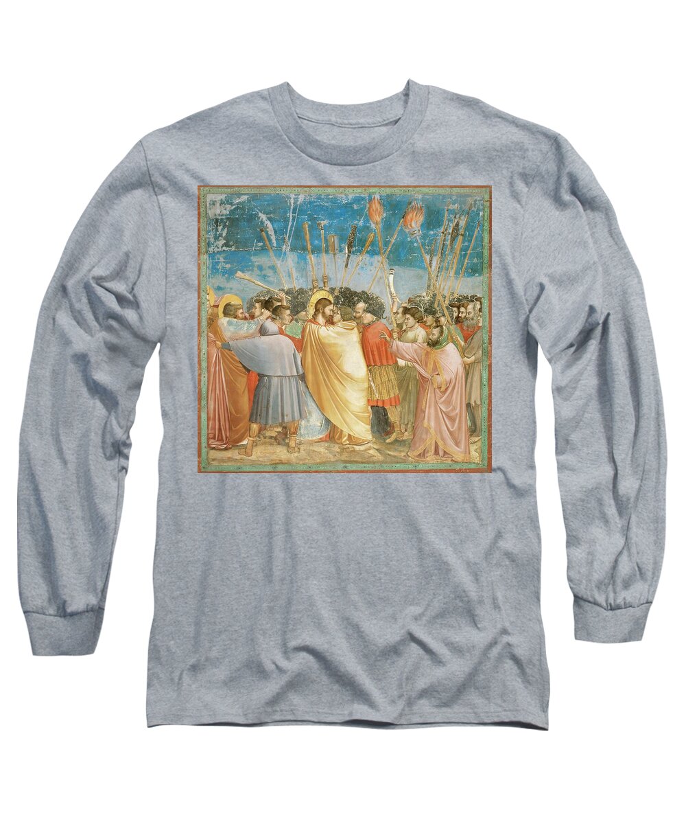 Giotto Long Sleeve T-Shirt featuring the painting Giotto / 'Kiss of Judas', 1303-1305, Fresco, 185 x 200 cm. JESUS. by Giotto di Bondone -1266-1337-