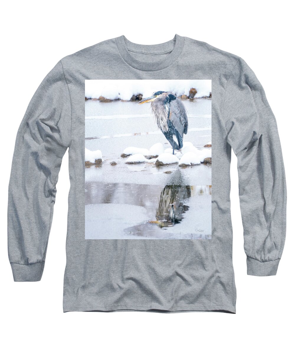 Great Blue Heron Long Sleeve T-Shirt featuring the photograph Great Blue Heron in Snow with Reflection by Judi Dressler