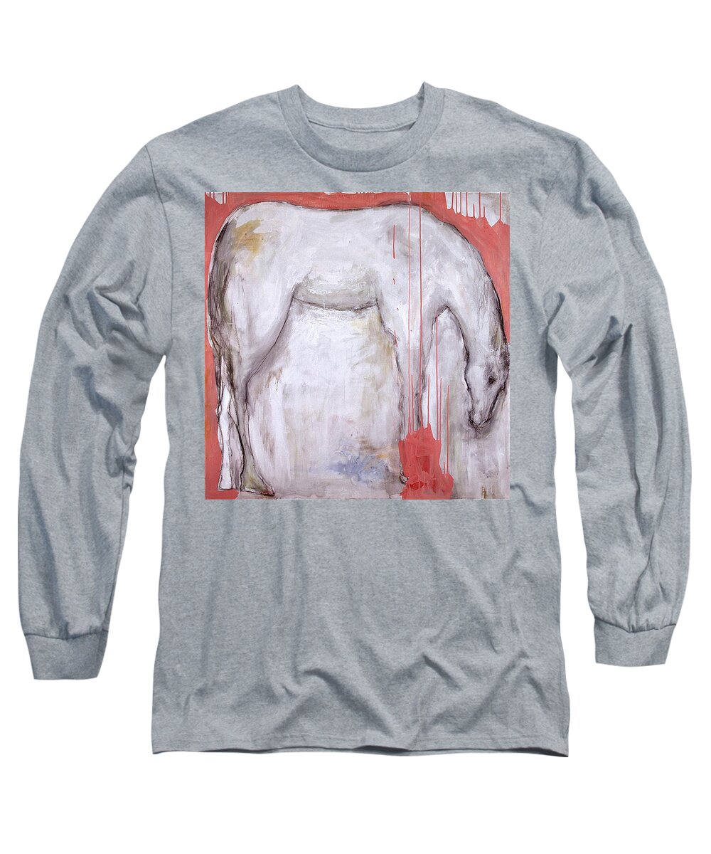 Horse Long Sleeve T-Shirt featuring the painting Horse with Pink by Janet Zoya