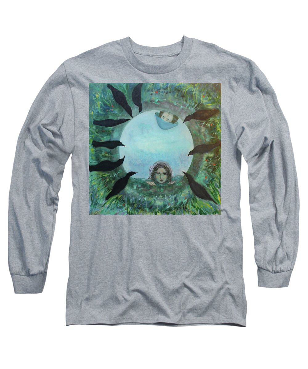 Girl Long Sleeve T-Shirt featuring the painting Into the well by Tone Aanderaa