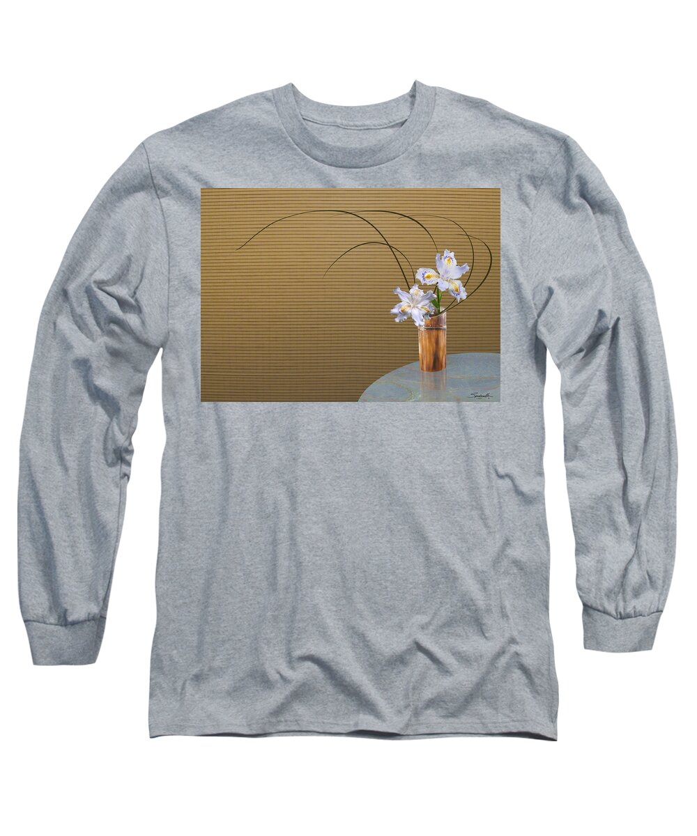 Iris Long Sleeve T-Shirt featuring the digital art Japonica Iris in Bamboo Vase by M Spadecaller