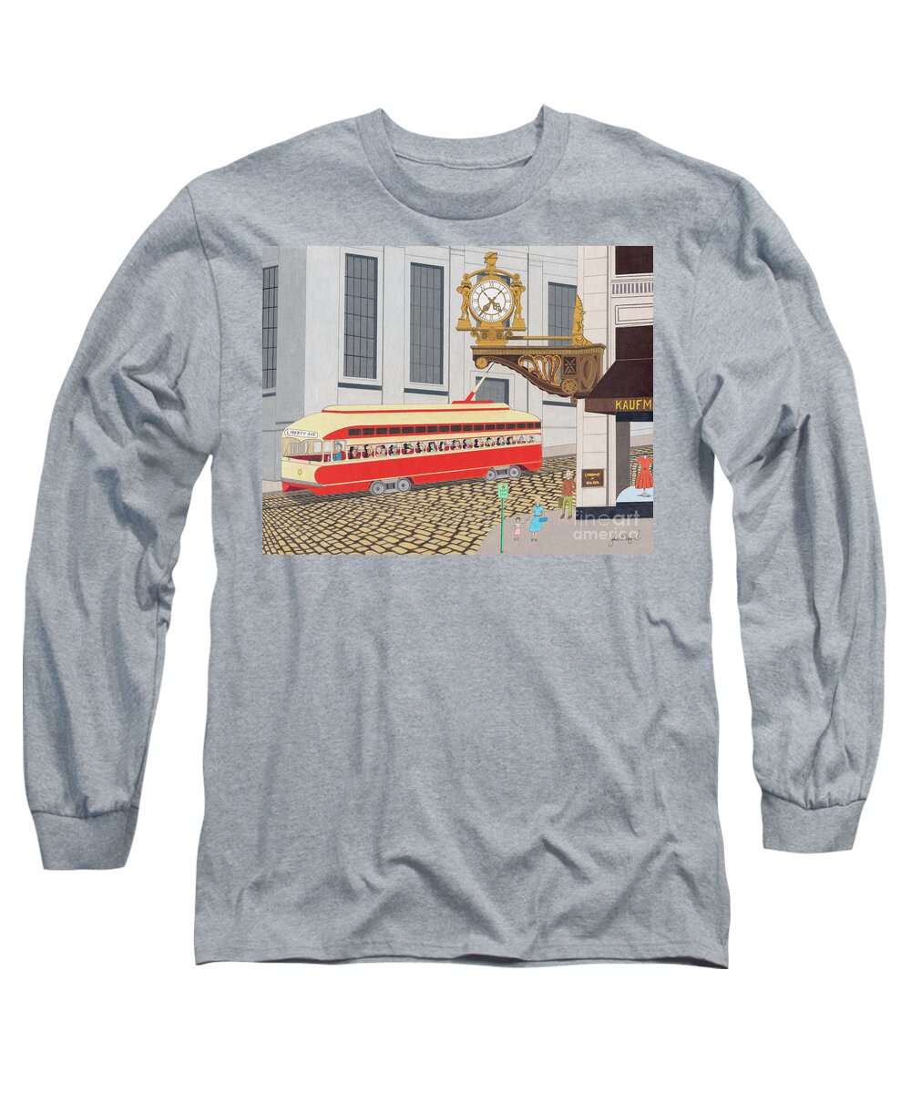 Downtown Pittsburgh Long Sleeve T-Shirt featuring the drawing Kaufmann Clock by John Wiegand