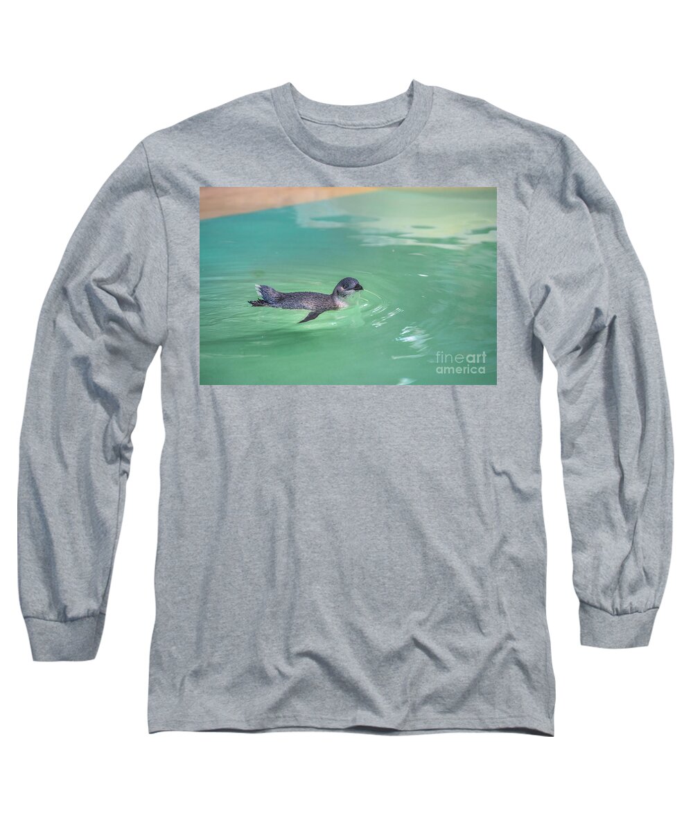 Penguin Long Sleeve T-Shirt featuring the photograph Little Penguin swimming by Benny Marty