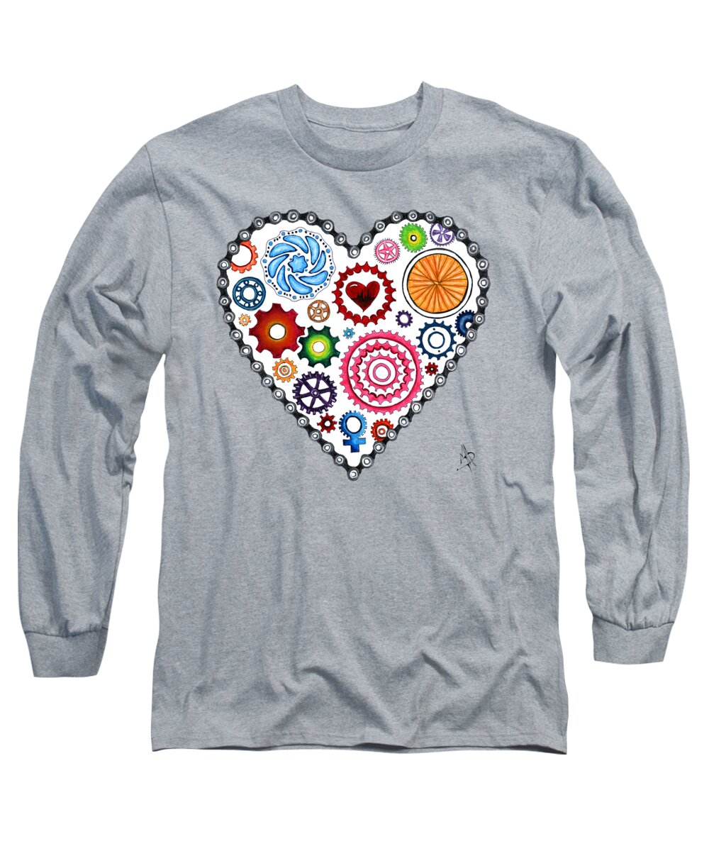 Biking Long Sleeve T-Shirt featuring the painting Love Makes the World Go Round Cycling Biking Painting Original Heart Art by Megan Duncanson by Megan Aroon
