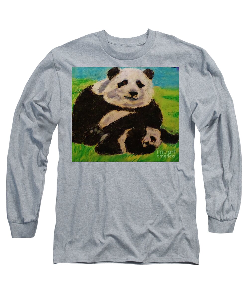 Panda Oil Pastel Wildlife Drawing Long Sleeve T-Shirt featuring the pastel Papa Panda by Christy Saunders Church