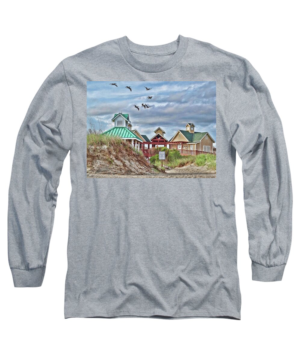 Beach Long Sleeve T-Shirt featuring the photograph Pelicans over St. James Beach Club by Don Margulis