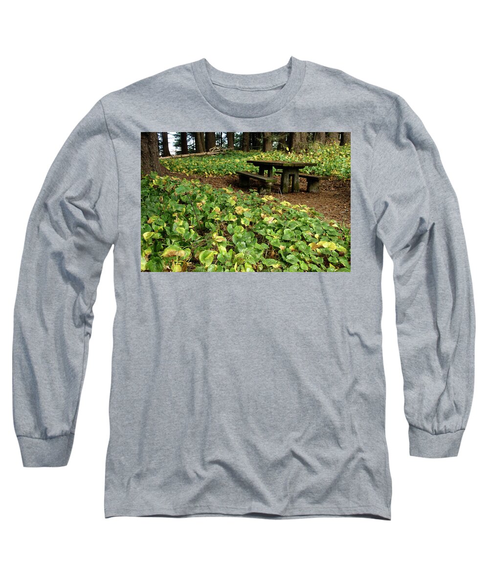 Oregon Long Sleeve T-Shirt featuring the photograph Picnic table in the forest by Steve Estvanik