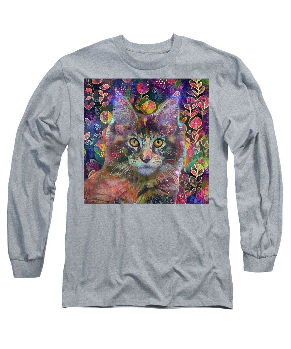 Maine Coon Cat Long Sleeve T-Shirt featuring the digital art Poppy the Maine Coon Cat in the Garden by Peggy Collins