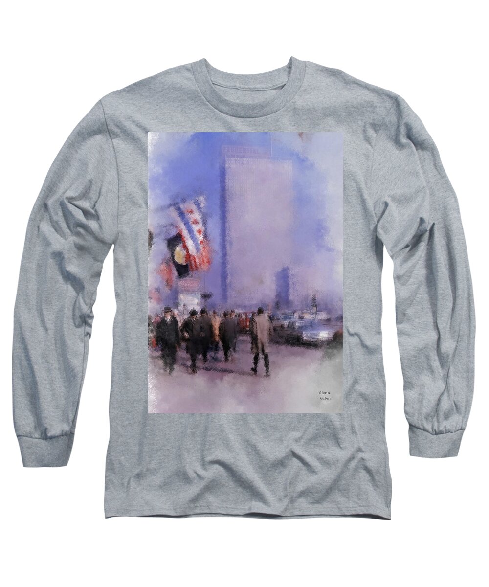 Chicago Long Sleeve T-Shirt featuring the mixed media Prudential Building 1960s morning on Michigan Avenue in Chicago by Glenn Galen