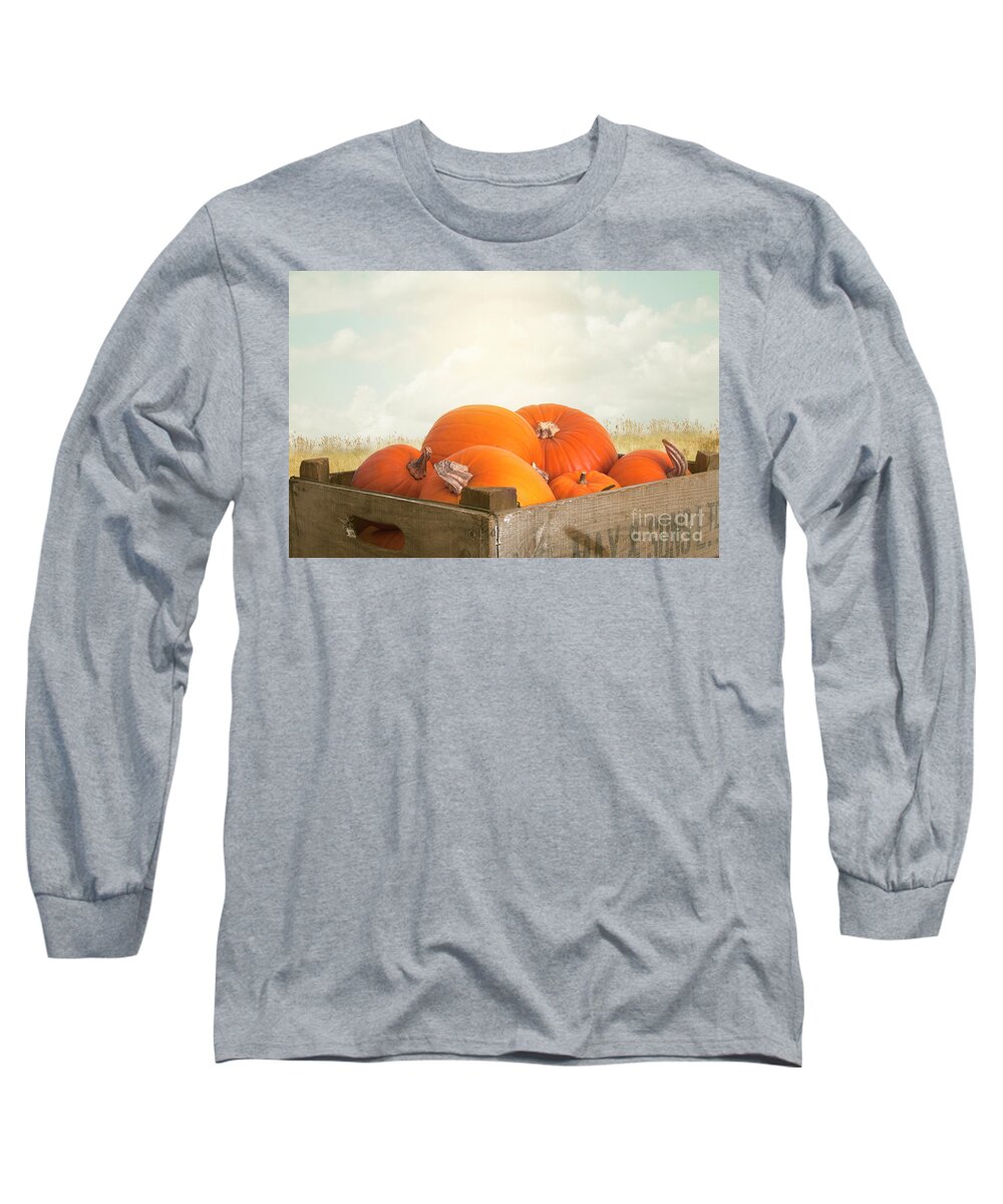 Pumpkin Long Sleeve T-Shirt featuring the photograph Pumpkins In A Crate In A Field Scene by Ethiriel Photography