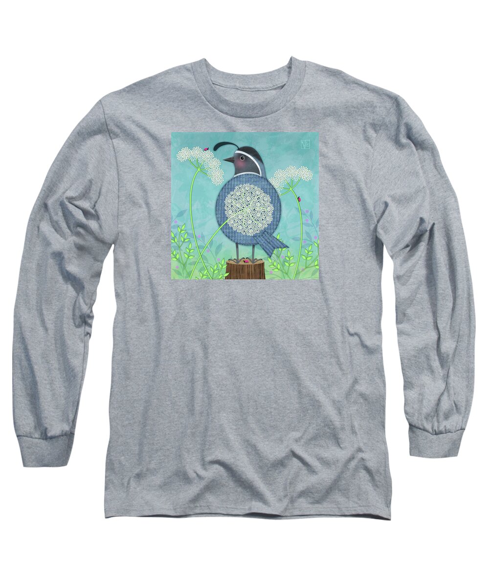 Letter Q Long Sleeve T-Shirt featuring the digital art Q is for Quail and Queen Anne's Lace by Valerie Drake Lesiak