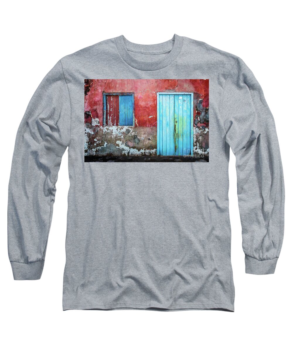 Wall Long Sleeve T-Shirt featuring the photograph Red, blue and grey wall, door and window by Lyl Dil Creations