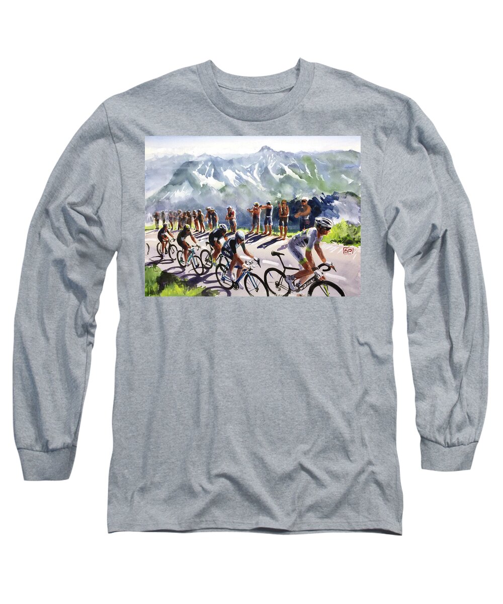 Letour Long Sleeve T-Shirt featuring the painting Riding the Alpes 2018 by Shirley Peters
